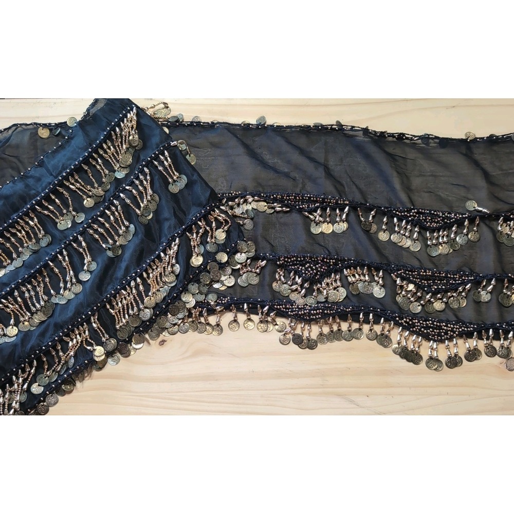 Belly Dancer Women's Wrap Belt and Top Coins beaded Coin Sheer Black Tie
